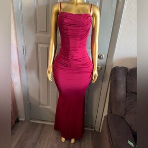 Fuchsia Ruched Bodycon Maxi Dress with Spaghetti Straps